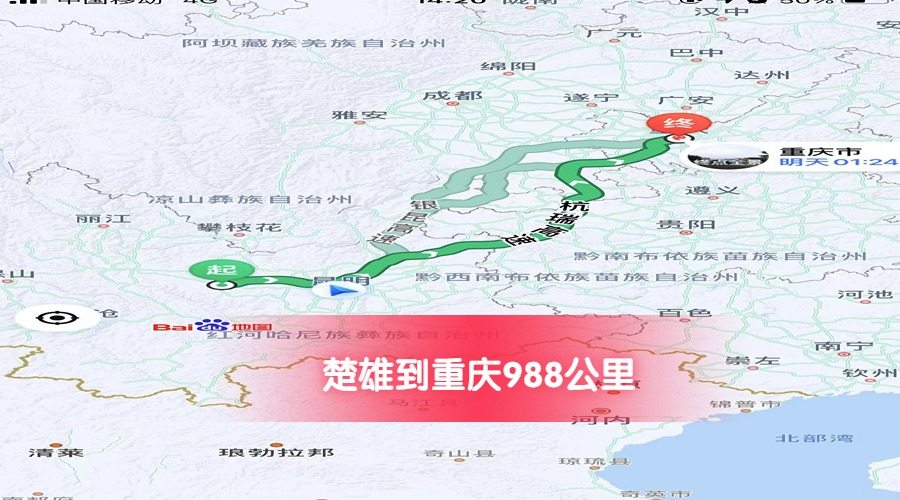 楚雄到重慶公里數988
